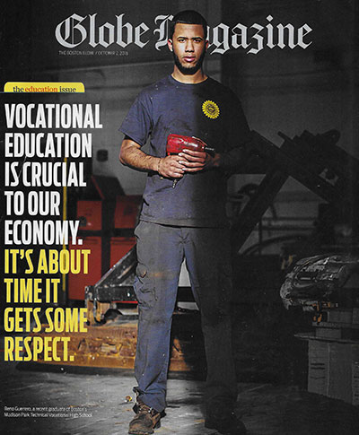 Boston Globe Magazine cover featuring Deborah Halber article; photo of man holding a drill