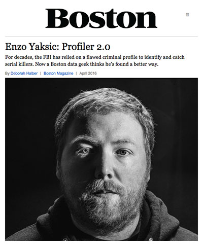 Screenshot of Boston Magazine article by Deborah Halber with photo of Enzo Yaksic