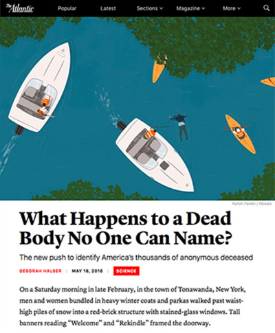 Screenshot of article "What Happens to a Dead Body No One Can Name?" with illustration of overhead view of boats, kayaks and a floating body